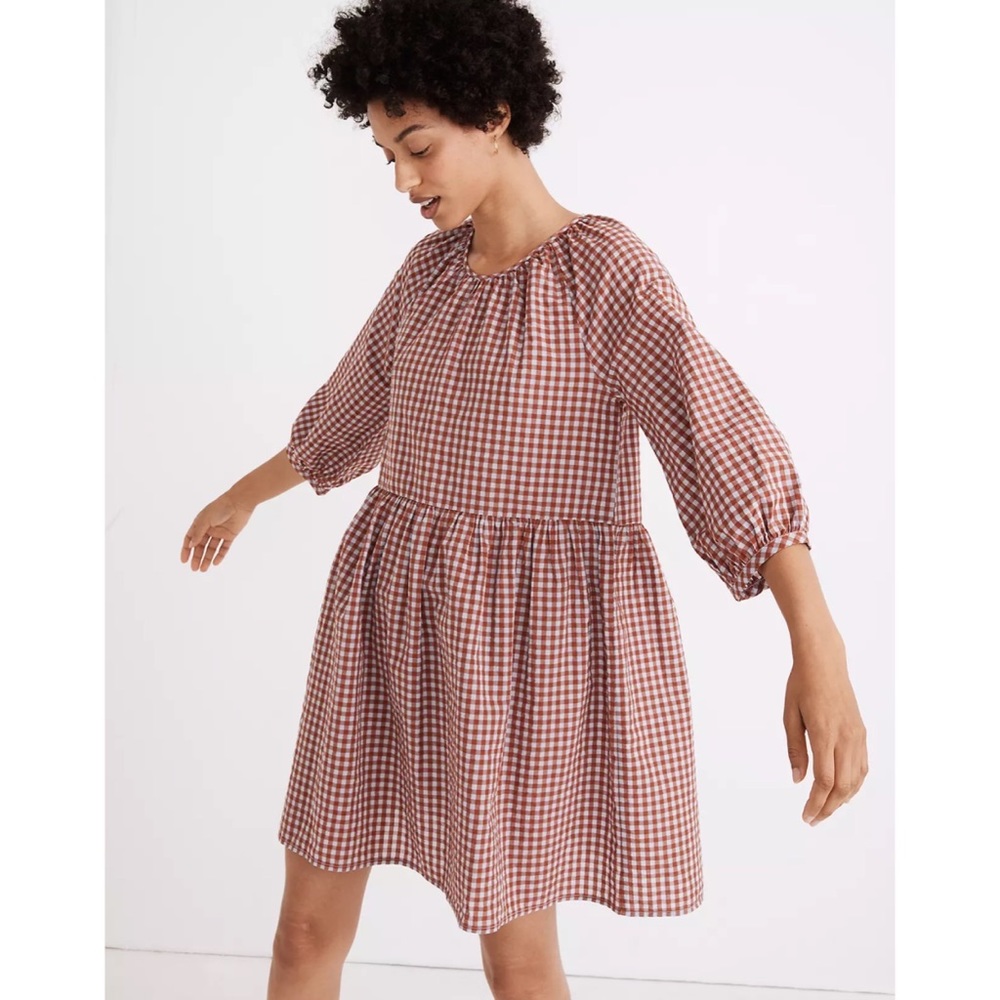 Madewell Gingham Seersucker Raglan Puff Sleeve Mini Dress - Picture 2 of 4